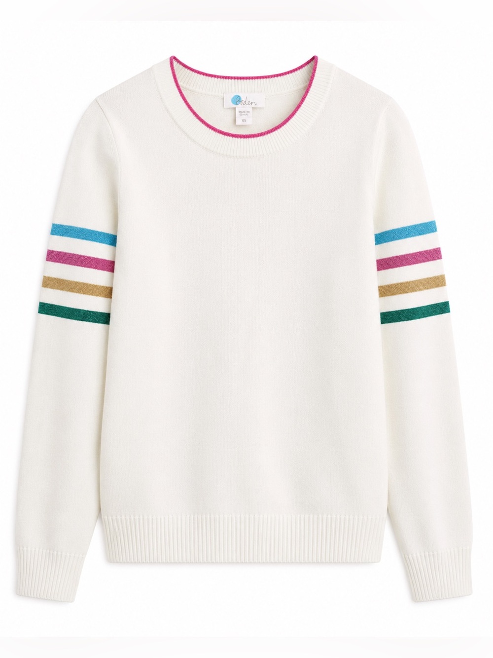 Boden‎ Metallic Rainbow Stripe Long Sleeve Cotton Knit Pullover Sweater White XS